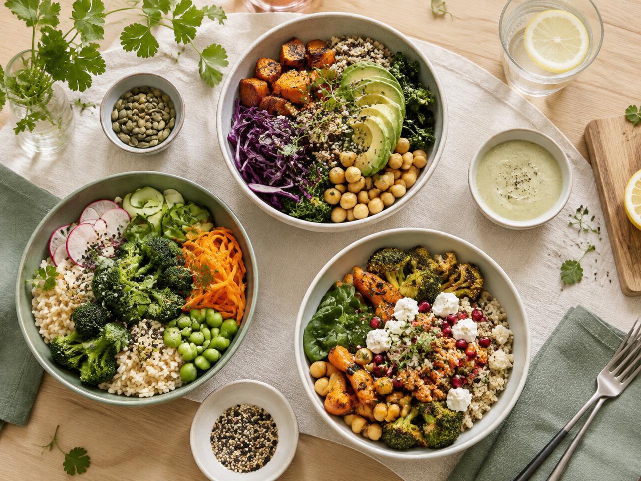Trois bols de repas équilibrés aux légumes de saison